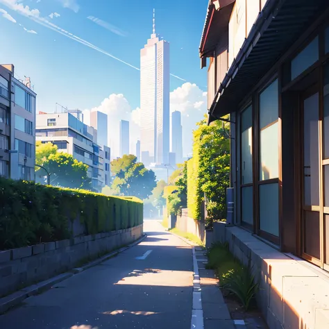 landscape summer, sun, tokyo, building without people, no one, hot weather, blue sky, high-resolution details, super detail, mov...