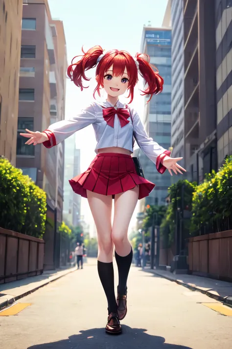 Standing in an empty park、Cosplaying as Paipai Kamen、mini skirt、Red hair twintails、Cute face、Smiling、Hands outstretched to the side、Full-body front view