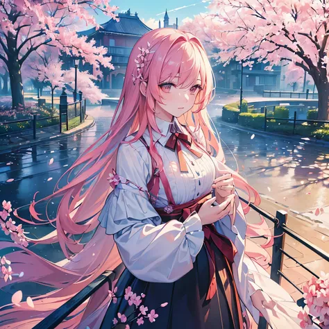 ((Ultra-realistic details.) (masterpiece, high quality, Best Quality Official Art, Beauty and aesthetics: 1.2), Very detailed, Colorful, The most detailed, Branches, architecture, Barbed Wire, cherry blossoms, Fence, Long hair, Outdoor, petal, Landscape Ra...