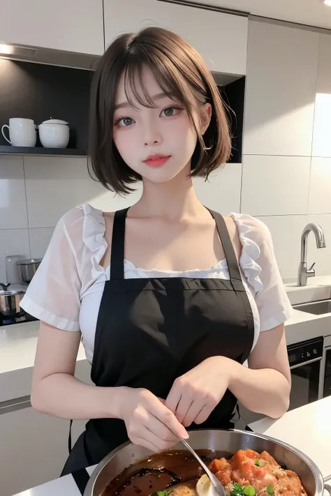 High quality images、RAW Photos、Ultra-high resolution、1. Korean、Cooking Apron、Black Apron、Big round breasts、Short Bob、White skin、Beautiful Eyes、Random colors、Very thin lips、細部までBeautiful Eyes、Long, narrow eyes、Pale pink blush、Long eyelashes、Beautiful double...