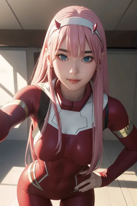 ((best quality)),((highly detailed)),masterpiece,absurdres,detailed face,beautiful face,((detailed eyes, deep eyes)),(1girl),((dynamic pose)), Zero_Two, green eyes, 1girl, solo, red bodysuit, long hair, pilot suit, pink hair, bodysuit, straight hair, hairb...