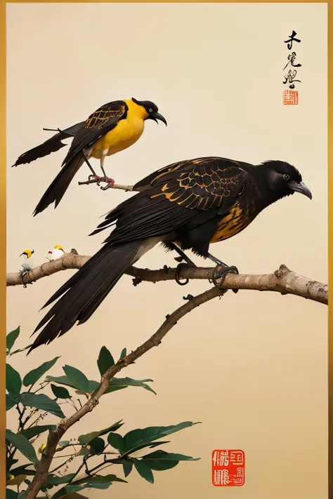 There are two birds flying in the sky, birds, Ink, Golden Crow，sun, 神秘的birds, Kobe，legend，Beautiful works of art, Creativity, Writing brush，traditional Chinese painting