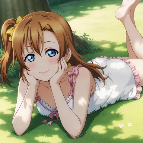 (Masterpiece, Best Quality, High Quality), anime style, love live,kousaka honoka , kousaka honoka,id_honoka_kosaka,love live, blue eyes, brown hair, 8k wallpaper, looking at viewer, earrings, (blushing:1.2) , laying on ground, on stomach, negligee , smile ...