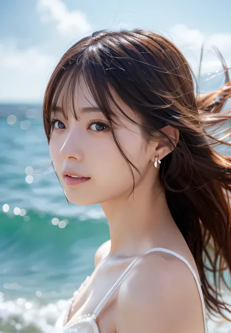 masutepiece, Best Quality, Illustration, Ultra-detailed, finely detail, hight resolution, 8K Wallpaper, Perfect dynamic composition, Beautiful detailed eyes , the beach, Sexy face,Face feeling ecstasy,Face at the peak of sexual arousal,face of a woman feel...