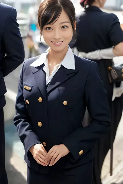(masterpiece:1.2, Best Quality:1.2), 32K HDR, High resolution, (Alone、1 girl)、（On the roof of a building during the day、Professional Lighting）、Building rooftop background、（Japan Air System cabincrew Uniformを着たリアルスタイル）、（（Japan Air System cabincrew uniform j...