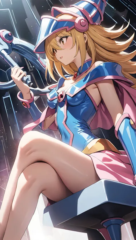 Dark magician girl NSFW, glass cover, upper body, side shot, alternate color, masterpiece, detailed illustration, lifelike, Pixiv top quality, exquisite, {{{Cute 1dark magician girl}}}, super beauty merging with the machine, elaborate shabby chic pattern, ...