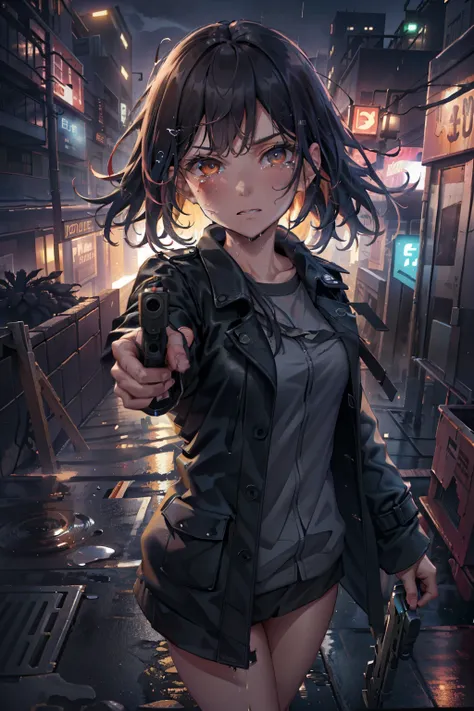 (extremely detailed CG unity 4k wallpaper),(masterpiece),(best quality),(ultra-detailed),(best illustration),(best shadow),(absurdres), Glock17, aiming at viewer, Long messy Black Hair, Serious expression, Tears, Long Black trench coat, Heavy rain, Wet, Bl...