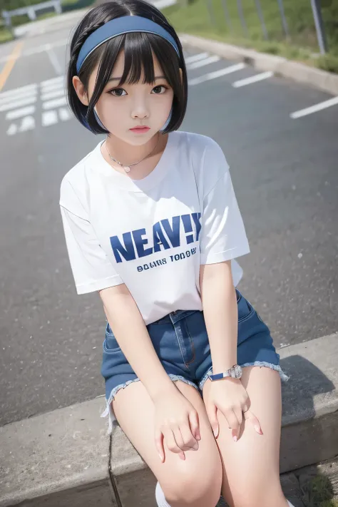 Beautiful junior high school student、Short Bob Hairstyles、She is wearing very short navy blue denim shorts.　White knee-high socks　Hairbands　