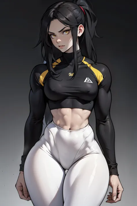 girl 1girl pale skin ((muscular)) toned body thick thighs black hair yellow eyes long hair grey background bodybuilder black leggings tight long sleeve baseball t-shirt