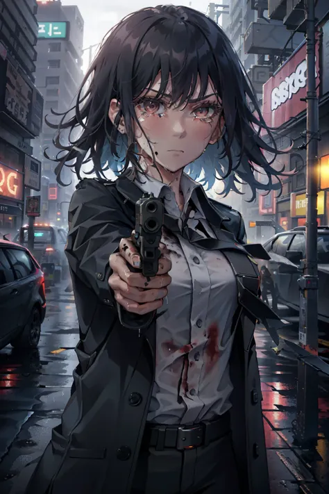 Glock17, aiming at viewer, holding pistol, Long messy Black Hair, Serious expression, Tears, Long Black trench coat, White blouse, black slacks, Black Tie, Bloody, Heavy rain, Wet, dirty and bloody, empty street, Cyberpunk metropolis, Neon lights, Late nig...