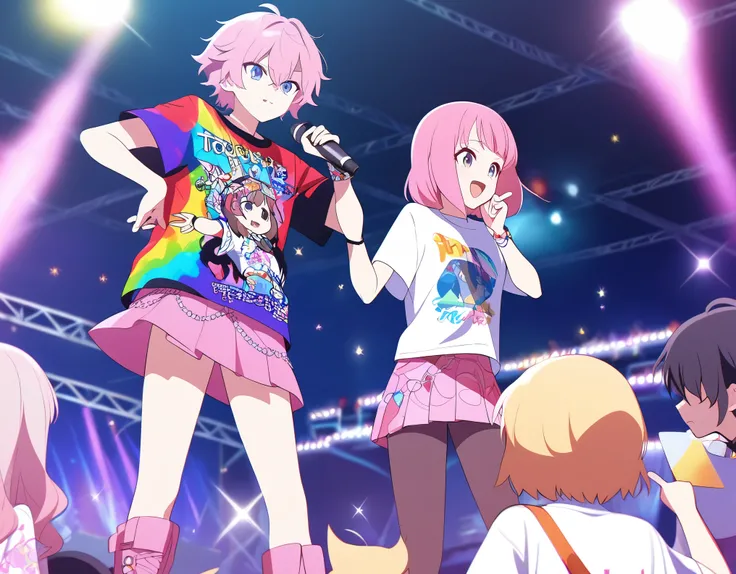 anime,male４A five-piece band consisting of one man and one girl,The vocalist and center is a petite girl with a glamorous body wearing a psychedelic T-shirt, pink miniskirt, and pink boots.,Hold the microphone in your right hand on stage,Extend the index f...