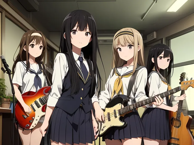 5 girls, there are five girls in school uniforms playing music together, Girl band illustration, rock band, band playing instruments, K-ON!, band name is "After School Tea Time", band promo, high school girls, happy!!!, band playing, A dynamic performance,...