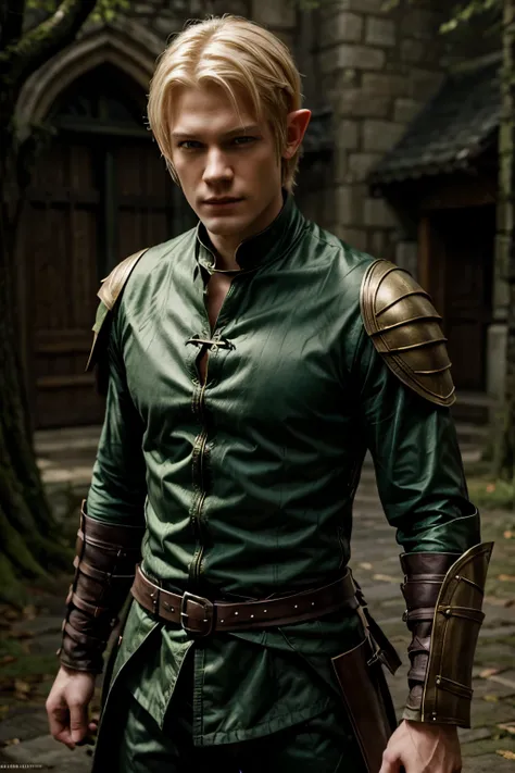 male elf, blonde hair, green eyes, medieval outfit, dark fantasy character design, epic exquisite character art, Dark Fantasy Art, with the appearance of Lucas Till, archer, Amazing character drawing.