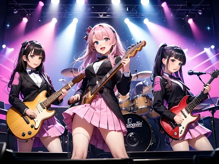 ((masterpiece:1.3)), (best quality), ((extremely detailed:1.1)), 4 girls, Highly detailed beautiful face, there are four girls in school uniforms playing music together, jk uniform, Mid-range view, Girls rock band illustration, black and pink Background, f...