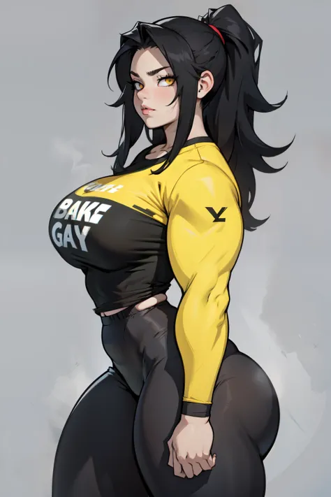 girl 1girl pale skin ((muscular)) toned body thick thighs black hair yellow eyes long hair grey background female bodybuilder black leggings tight long sleeve baseball t-shirt