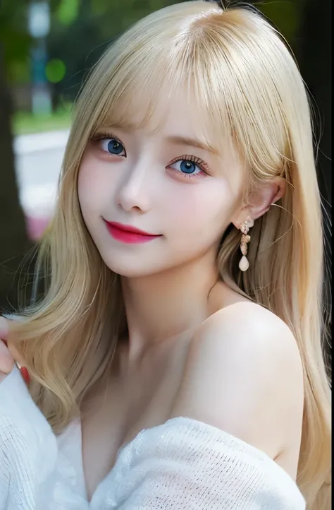 Top quality, high resolution, 8K, dynamic composition, (20 year old beautiful girl: 1.5), (blonde hair: 1.3), (smooth and shiny hair: 1.2), (transparent blue big eyes: 1.2 ), (white skin: 1.2), (big breasts: 1.2), (medium length: 1.1), bangs, (wearing blac...