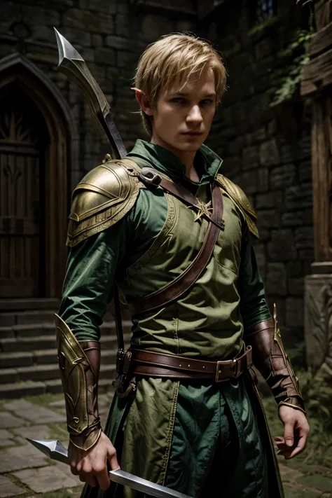 young male elf, blonde hair, green eyes, medieval yellow outfit, dark fantasy character design, epic exquisite character art, Dark Fantasy Art, with the appearance of Ansel Elgort the archer, Amazing character drawing.