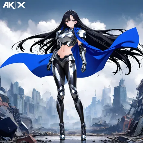 ((Sexy seductive anime long haired girl wearing shiny armor crop top and shiny black metallic leggings)), (good anatomy), (with blue cape) (high heels), (standing seductive firm), (Mechanical Body), (mechanical arms), modern anime style, 4 k manga wallpape...