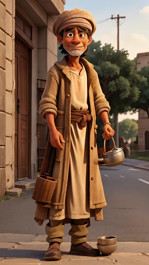 A beggar man begging with a bowl on the road 