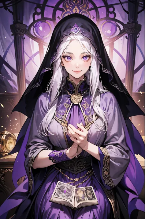 girl with long platinum hair and purple eyes smiling slyly in gypsy purple outfit and veil holding two tarot cards in hands in gypsy tent. 19th century. mysticism. dark atmosphere of magic and mysticism. High quality. masterpiece. dramatic lighting. book c...