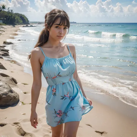 a beautiful young woman in a sundress walking along a beach, receiving the sea breeze, with bangs and a bun hairstyle, beautiful detailed eyes looking directly at the camera, sexy figure, full body view, bright and colorful sundress, detailed portrait, (be...