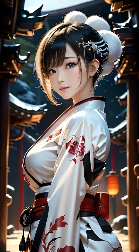 Image of a female warrior with short white hair in anime style, Clothing colors are black and white only, samurai kimono, karate, white lotuses, cry,, Character Portraits, Fantasy art, The background is a Japanese mountain shrine in winter, Cyberpunk shrin...