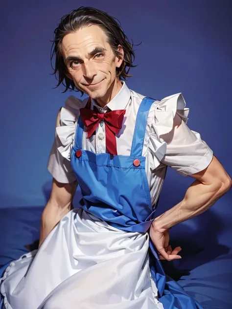 Partially edentulous middle-aged man, cosplaying as Alice in Wonderland. wearing Alice in Wonderland style sweet dress with apron. A dull face, but happy smile. 