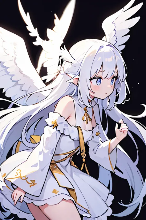 1 female, very long white hair, goddess girl with wings, side profile, turned to the side, reaching out for a small dragon, elegant pose, side pose, white plain background, simple background, big white angel wings