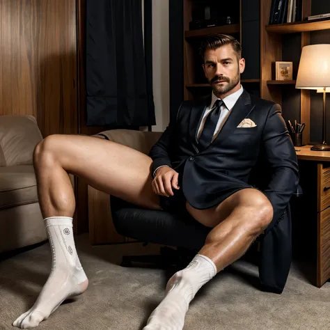 full length view, A tough, masculine, ruggedly handsome white european 30 yo detective with preppy undercut brown haircut, very thin moustache, suit, open tie, shirt, relaxes on his office armchair at his desk in his sweaty wet black sheer socks after 16 h...