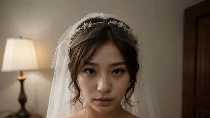 ((best quality)), ((masterpiece)), (detailed), 1 Korean woman, sad, dressed as a bride, with a veil on her head