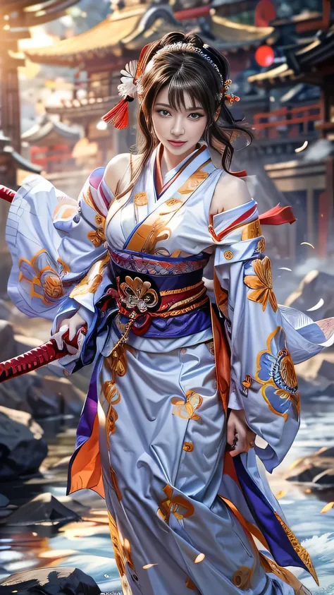 (RAW shooting, Photorealistic:1.5, 8k, Best Quality, masterpieceUltra-high resolution), Sengoku, Background of Japanese architecture collapsing:1.3, Wars flaring up everywhere:1.3, Perfect dynamic composition:1.2, Highly detailed skin and facial textures:1...