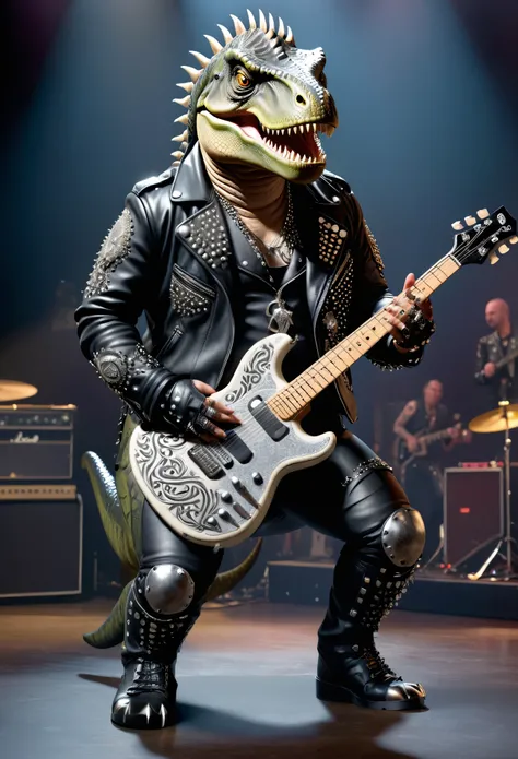 photorealistic portrait of Dressed animals - a ((fat) (T-rex) punk-rocker, (full body image:1.5),,(holding a guitar:1.5), Wearing a tailored black leather jacket featuring intricate silver stud patterns reminiscent of sacred symbols, leather boots, adorned...