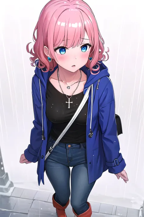 1 girl,boyish, curly hair, pink Hair, medium Breasts, black simple T-shirt, Denim skinny jeans, blue raincoat, Hooded raincoat , Silver accessories (necklace and earrings), Waterproof crossbody bag, Rain boots ,blush,blue eyes,clearly,Striped pattern, (whi...