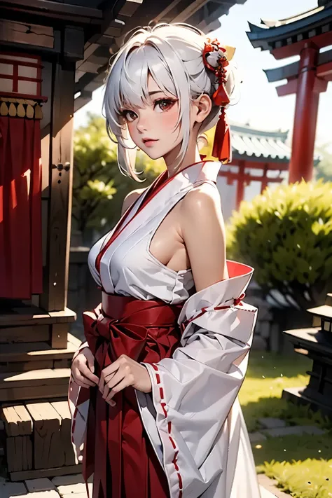 masterpiece, best quality, 1girl, white hair, medium breasts, shrine maiden, white shrine maiden clothing、red hakama, separated ...