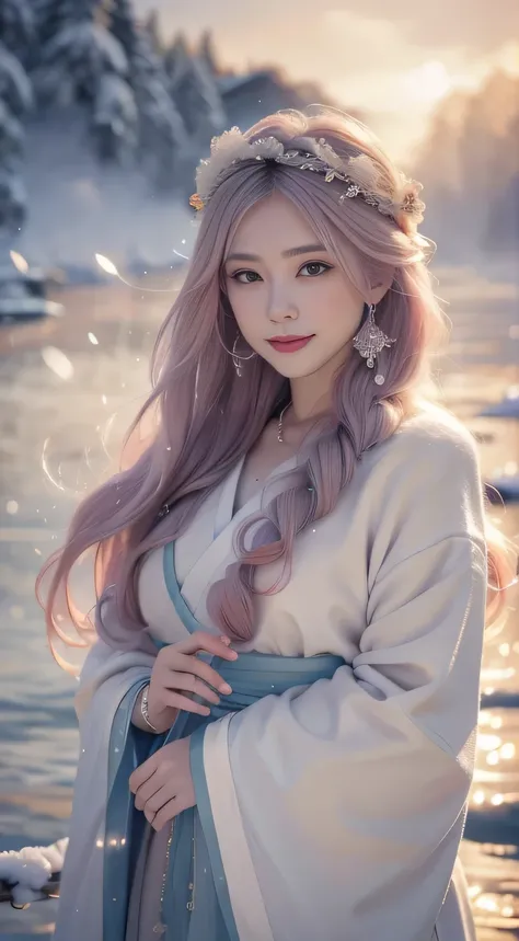 Masterpieces in the highest quality，Ultra-high resolution，8k resolution，First Person View，Perfect face，Glowing Skin，Exquisite facial features，One person，woman，smile，Long white hair，Pink Hair，Crossed Bangs，Wave Head，bracelet，collar，between，Hanfu，Snow Flower...