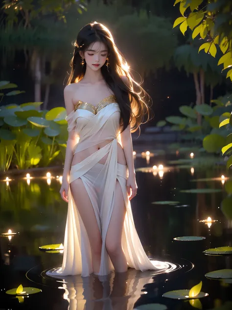 ,, A beautiful girl standing in a moonlit lake with water lilies, surrounded by soft ripples and shimmering reflections. Her long flowing hair gently moves with the breeze, glowing ethereally in the black night illuminated by fireflies. The scene captures ...