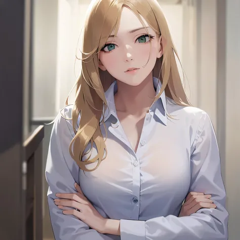 Upper Body, 
Realistic, Real person, (pale skin: 1.2), RAW photo, photorealistic, shiny skin, shiny hair、
(A 2 woman with medium-length hair and bangs) and (wavy hair) and (Blonde Hair) and (green eyes) , 
(white collared shirt) 
serious,Office corridor、（a...