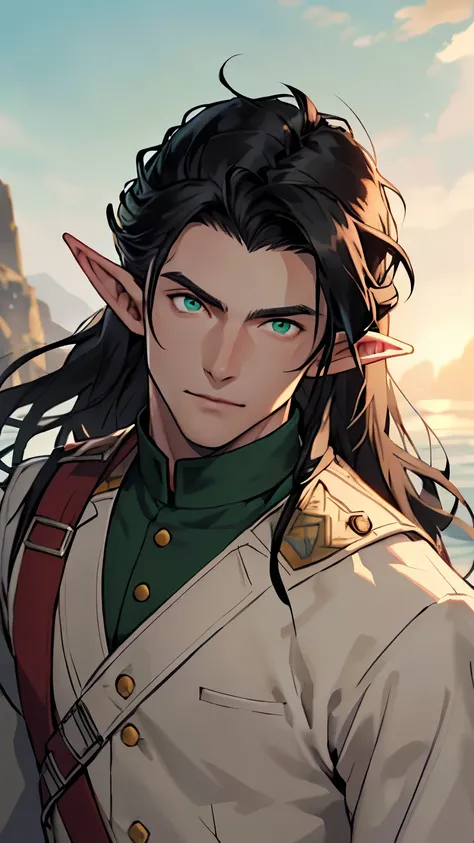 (masterpiece), best quality, high quality, 1 boy, beautiful face, handsome, sunlight, elf ears, pointy ears, handsome, black hair, long hair, green eyes, soldier clothes, upper body, sea background, looking straight, pink eyes, pale skin,