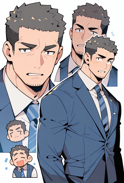 anime characters:Priapus, Muscle office worer, Buzz Cut, Manliness, male focus, Light Grey Office workers suit, Tie, full and perky chest muscles, muscular male, muscular, Black short hair, Thick eyebrows, stubble,
White background, simple background, ama...