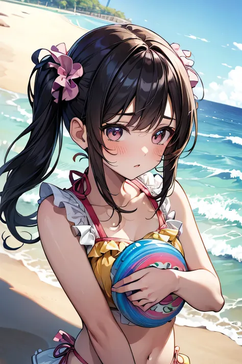 (masterpiece:1.3),(best quality:1.3),(high resolution:1.2),Minimal and open colorful wave swirls flowing in a gentle cascade across the page,Twin tails,Colorful frilly swimsuit,pop,anime,High school girl,bikini,beach,upper body,Baby Face,