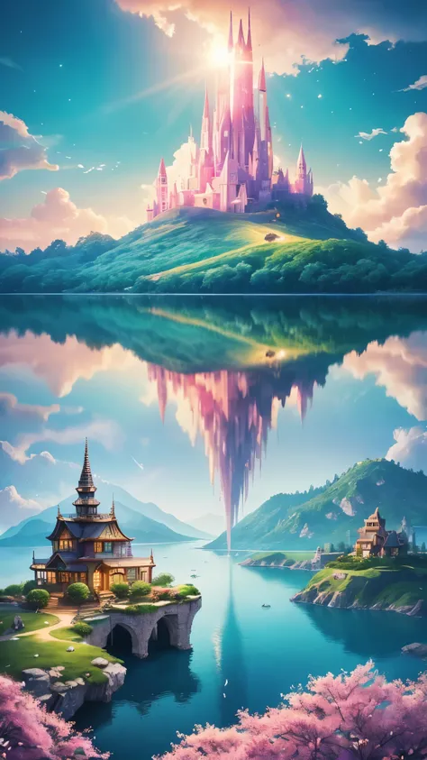 Visualize enchanting scenes from the wonderful world of romantic dreams. There are complex floating islands all around.々There is., Fluffy Clouds, Floating Island Waterfall, Vibrant, Dreamy atmosphere. The atmosphere is mysterious and tranquil. Other vibran...