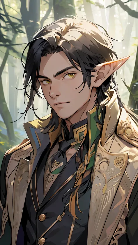 (masterpiece), best quality, high quality, 1 boy, beautiful face, handsome, sunlight, elf ears, pointy ears, handsome, black hair, long hair, yellow eyes, green jacket, upper body, forest background, looking straight,