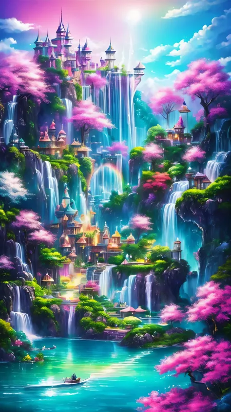 Visualize enchanting scenes from the wonderful world of romantic dreams. There are complex floating islands all around.々There is., Fluffy Clouds, Floating Island Waterfall, Vibrant, Dreamy atmosphere. The atmosphere is mysterious and tranquil. Other vibran...