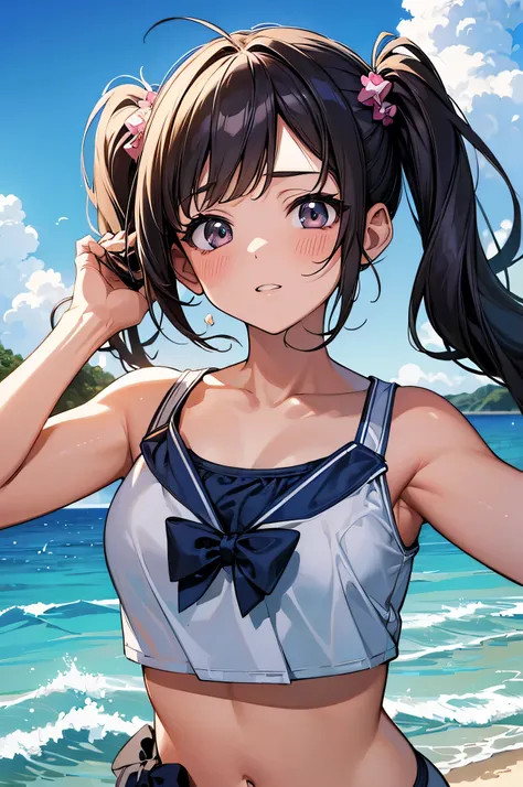 (masterpiece:1.3),(best quality:1.3),(high resolution:1.2),Minimal and open colorful wave swirls flowing in a gentle cascade across the page,Twin tails,School Swimsuit,pop,anime,High school girl,bikini,beach,upper body,Baby Face,busty