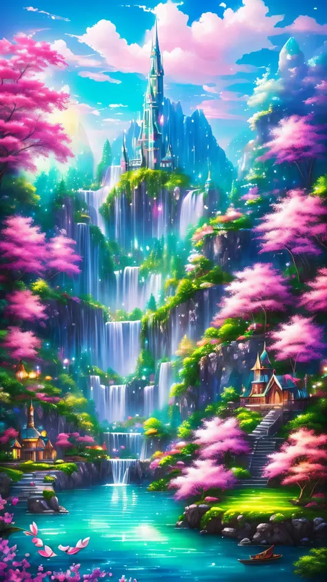 Visualize enchanting scenes from the wonderful world of romantic dreams. There are complex floating islands all around.々There is., Fluffy Clouds, Floating Island Waterfall, Vibrant, Dreamy atmosphere. The atmosphere is mysterious and tranquil. Other vibran...