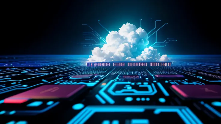 Close-up of a cloud with computer chips, Digital rendering by Julian Allen, Shutterstock, Conceptual Art, Advertising images, Detailed Images, Cyber Security Polygon, Cloudpunk, Thumbnail, High quality photo cyber architecture, Simple Background, High qual...