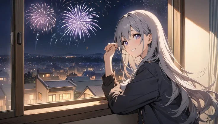 A woman smiling faintly while watching fireworks from the window,gray hair,lavender eyes,Long hair, Alone, female, jacket, In the room