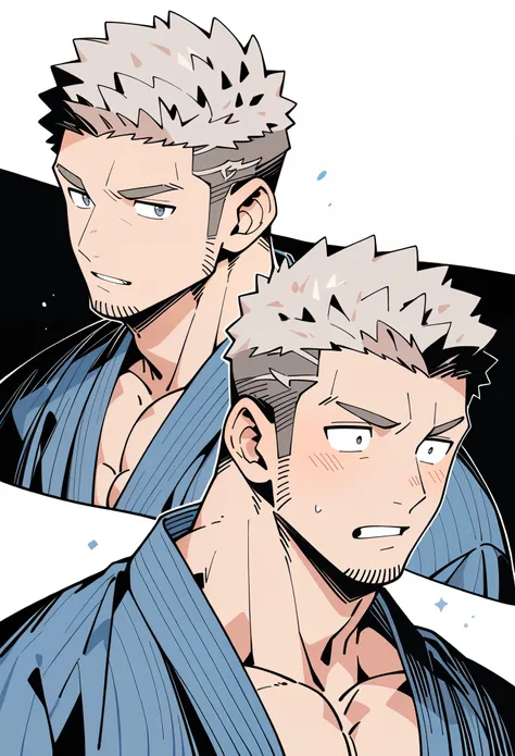 Anime character: Priapus, muscular 30-something male, short hair, masculinity, male focus, blue yukata, full and firm chest muscles, muscular male, muscular, black short hair, thick eyebrows, stubble,White background, simple background, amazing quality, be...