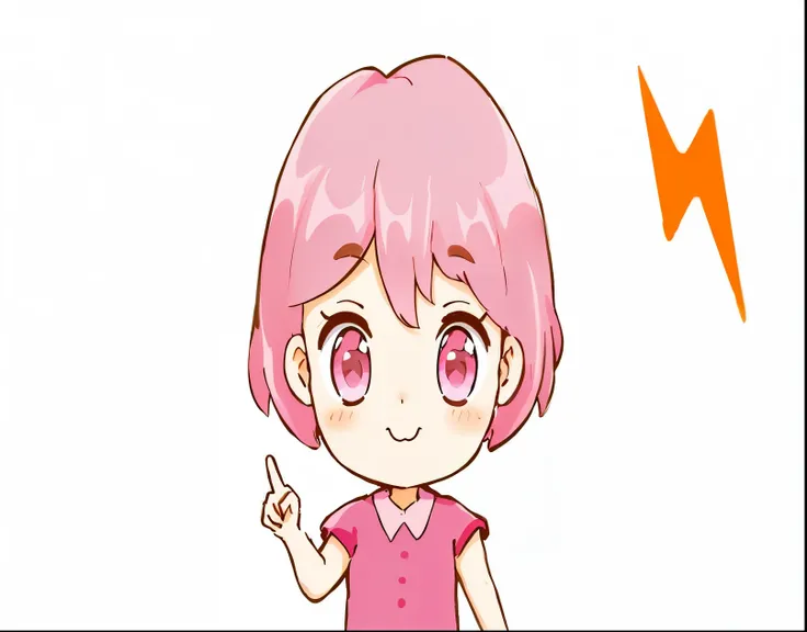 cartoon girl Pink Hair and pink eyes pointing at a lightning bolt, Cute girl with pink short hair, Chibi, , Cutie, Pink Hair, yume nikki, Cute anime face, 竹久夢二に触発されてChibi girl, [[[[smile wickedly]]]], Cute Characters, In anime style