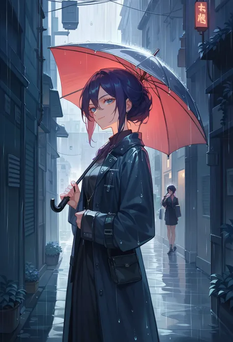 Masterpiece, (best quality, highest quality:1.1), anime, beautiful alley, rain, 1girl, beautiful girl, holding umbrella, amazing hair, beautiful smirk